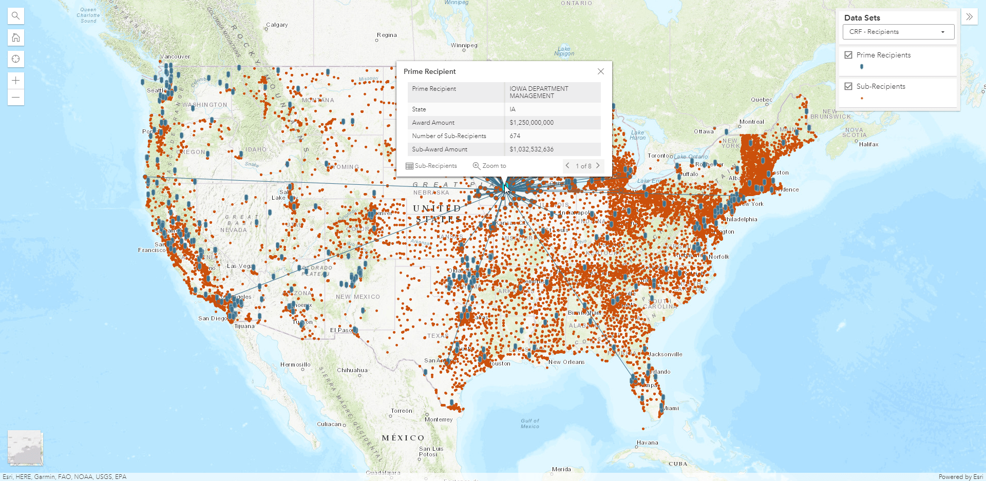 screenshot showing prime recipient selected and lines connecting to all sub recipients on the funding map