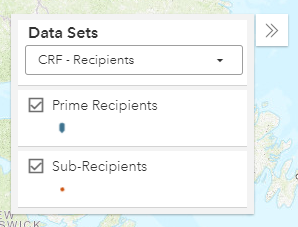 screenshot of funding map Data Sets panel showing markers for prime and sub recipients selected