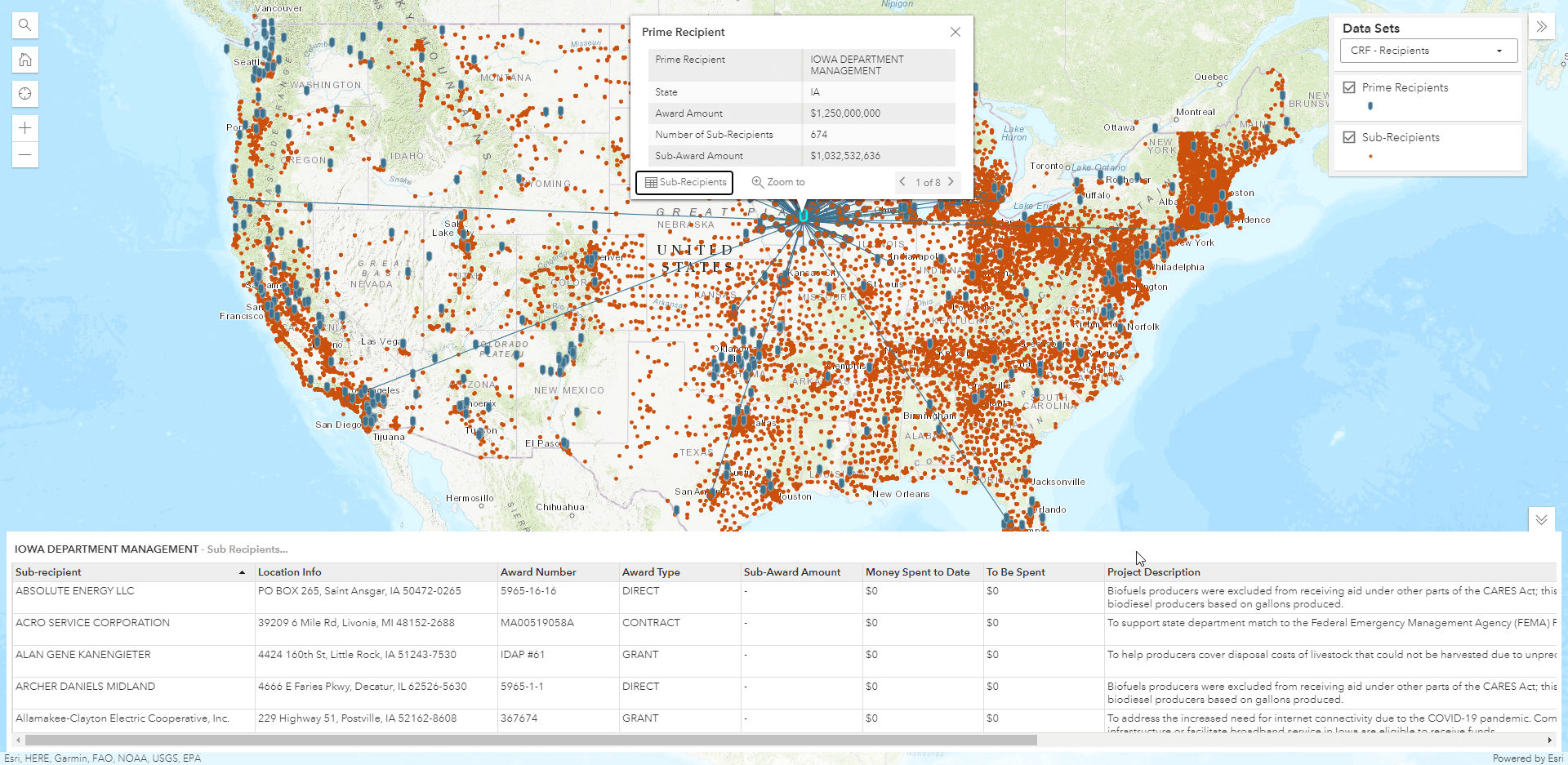 screenshot of funding map with table of sub-recipients of coronavirus relief funds