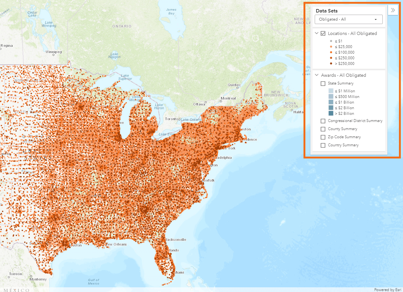 screenshot of funding map outlining location of the data sets panel