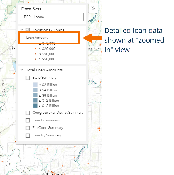 screenshot of funding map data sets panel showing individual loan amounts display