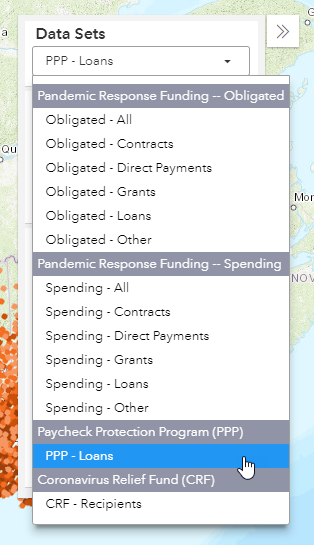 screenshot of user selecting PPP Loans from the data sets panel within the funding map