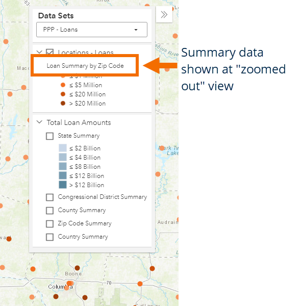 screenshot of PPP loan summary by zip code indicator in data sets panel