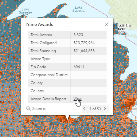 screenshot of user selecting the view link in the pandemic funding prime award pop-up window