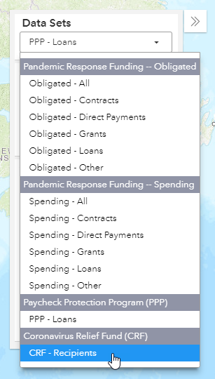 screenshot of user selecting CRF - Recipeints from the data sets panel within the funding map