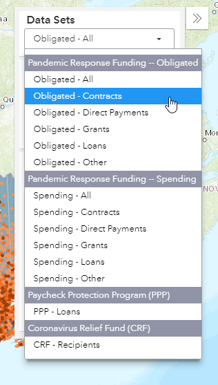 screenshot of user selecting Obligated Pandemic Response Funding Contracts from the data sets panel within the funding map