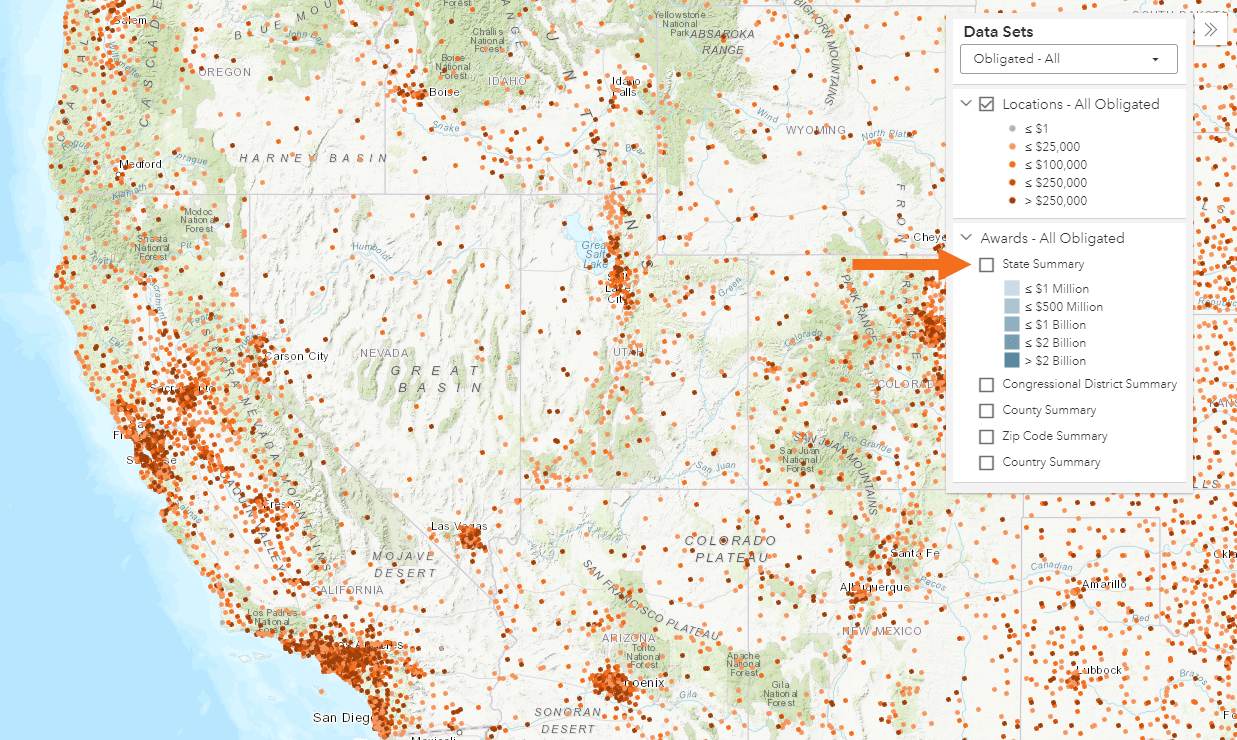 screenshot of summary data overlays turned on in the funding map