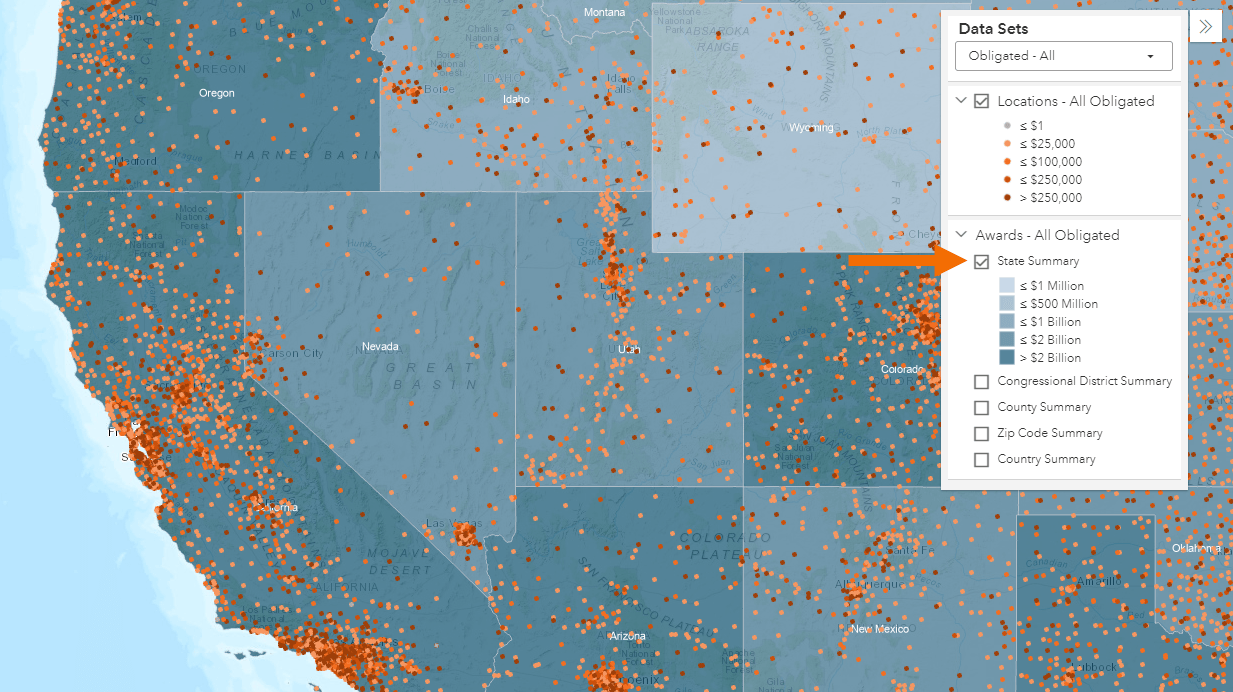 screenshot of summary data overlays turned on in the funding map