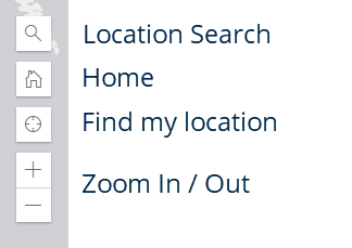 screenshot of left-hand toolbar on the funding map showing location search, home, find my location, and zoom icons