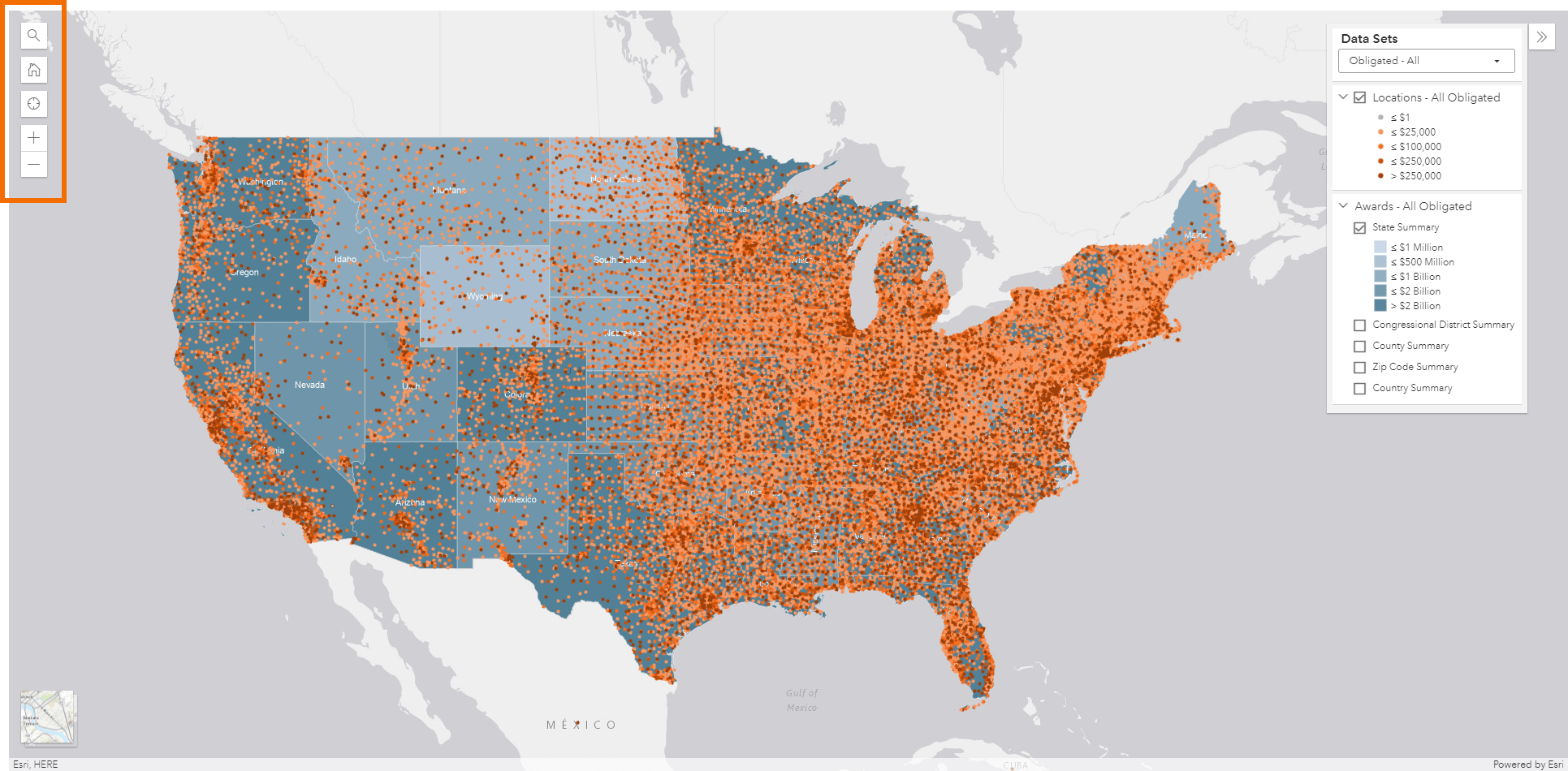 screenshot of toolbar in top left area of funding map