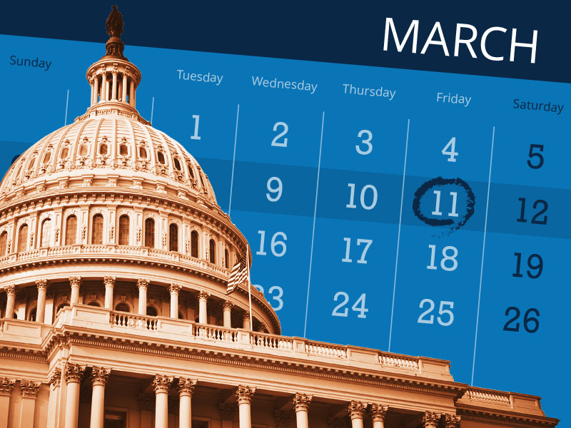 Calendar page for March with a circle on the 11th behine capital building image