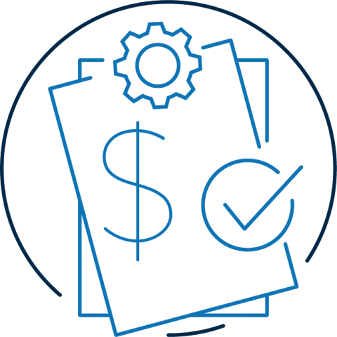 illustration of a stack of papers with a dollar sign, check mark, and a process wheel on top