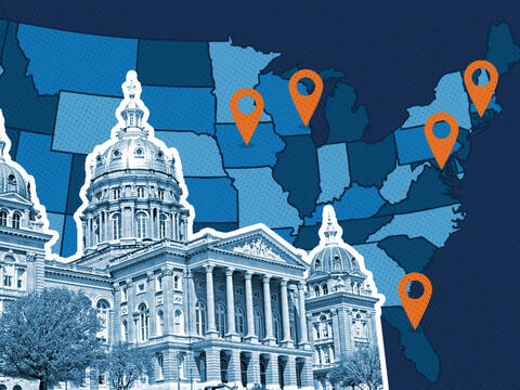 a blue-hued statehouse building layered over a map of the united states with five orange location markers on it