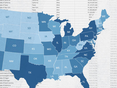 blue map of the us superimposed over a spreadsheet listing emergency rental assistance recipients