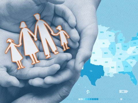 Hands holding a family with US map in background
