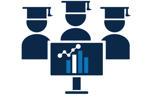 three icons of college graduates behind a computer screen with data graphics on it