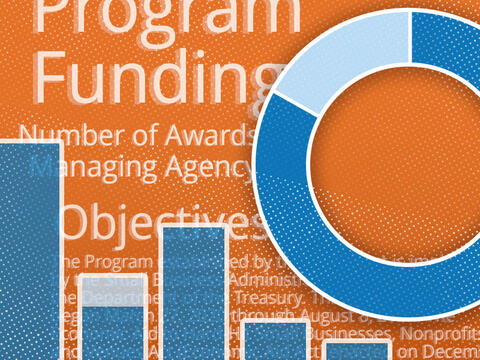 a bar chart and a donut chart superimposed over language such as program funding and number of awards