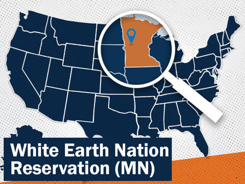 United States map with a magnifying glass over White Earth Nation Reservation located in Minnesota