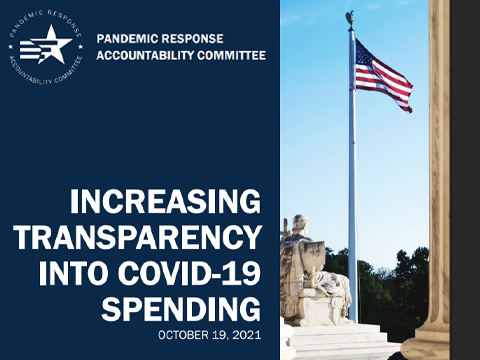 The American flag stands to the left of the PRAC logo and report name, "Increasing Transparency Into COVID-19 Spending."