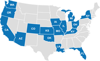 Map of the united states showing 16 states colored in blue. The remaining states are light grey. The blue states are the ones that have reports on pandemic-related unemployment benefits featured in this report. The 16 blue states are Washington, Oregon, and California, Arizona, Colorado, Kansas, Oklahoma, Louisiana, Missouri, Iowa, Illinois, Kentucky, Ohio, Michigan, New York, and Florida. 