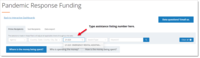 top filter bar on the Pandemic Response Funding page, with assistance listing 21.023 typed into the Assistance Listing field, with an arrow pointing to it stating "type assistance listing number here."