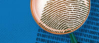 magnifying glass over zeros and ones with a fingerprint in the lens
