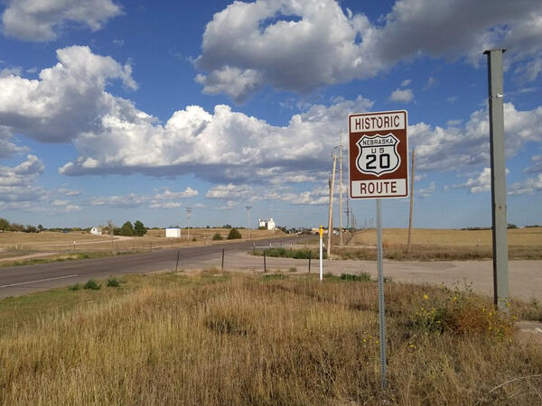 Road sign that reads Historic Route 20 and intersection