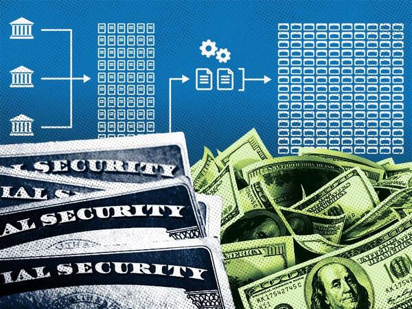 A stack of Social Security Cards sits beside a stack of money.