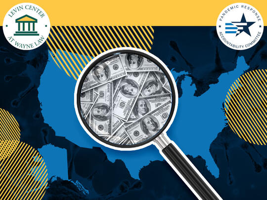 magnifying glass over shape of the united states with logos for the Levin Center and the Pandemic Response Accountability Committee