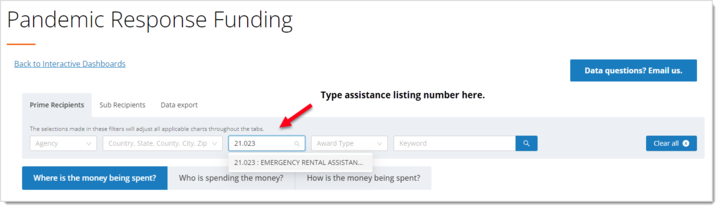 top filter bar on the Pandemic Response Funding page, with assistance listing 21.023 typed into the Assistance Listing field, with an arrow pointing to it stating "type assistance listing number here."