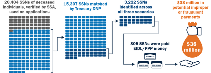 The PRAC used its CARES Act authority to have the Social Security Administration verify that 20,404 SSNs identified in our previous Fraud Alert belonged to deceased individuals. Treasury’s DNP system then provided the dates of death for 15,307 of these 20,404 SSNs, of which 3,222 deceased individuals’ SSNs were used on COVID-19 EIDL/PPP applications. PRAC data scientists determined that funds were disbursed in connection with applications using 305 of the 3,222 SSNs, totaling nearly $38 million in potential