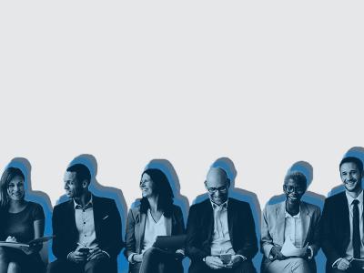 tinted blue picture of business people in a line talking, picture is cut out with a medium blue shadow on a gray background 