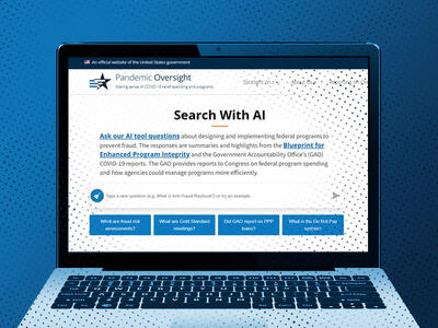 A computer screen with text instructing users to search with AI. The background is blue with a dotted pattern.