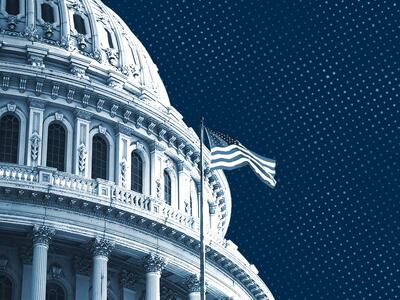 The Capitol Building and American flag are stylized against a blue background with white dots.