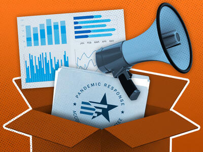 An open box displays a megaphone, generic bar chart and graphs, and the PRAC logo against an orange background. 