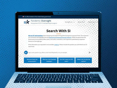 A computer screen with text instructing users to search with SI. The background is blue with a dotted pattern.